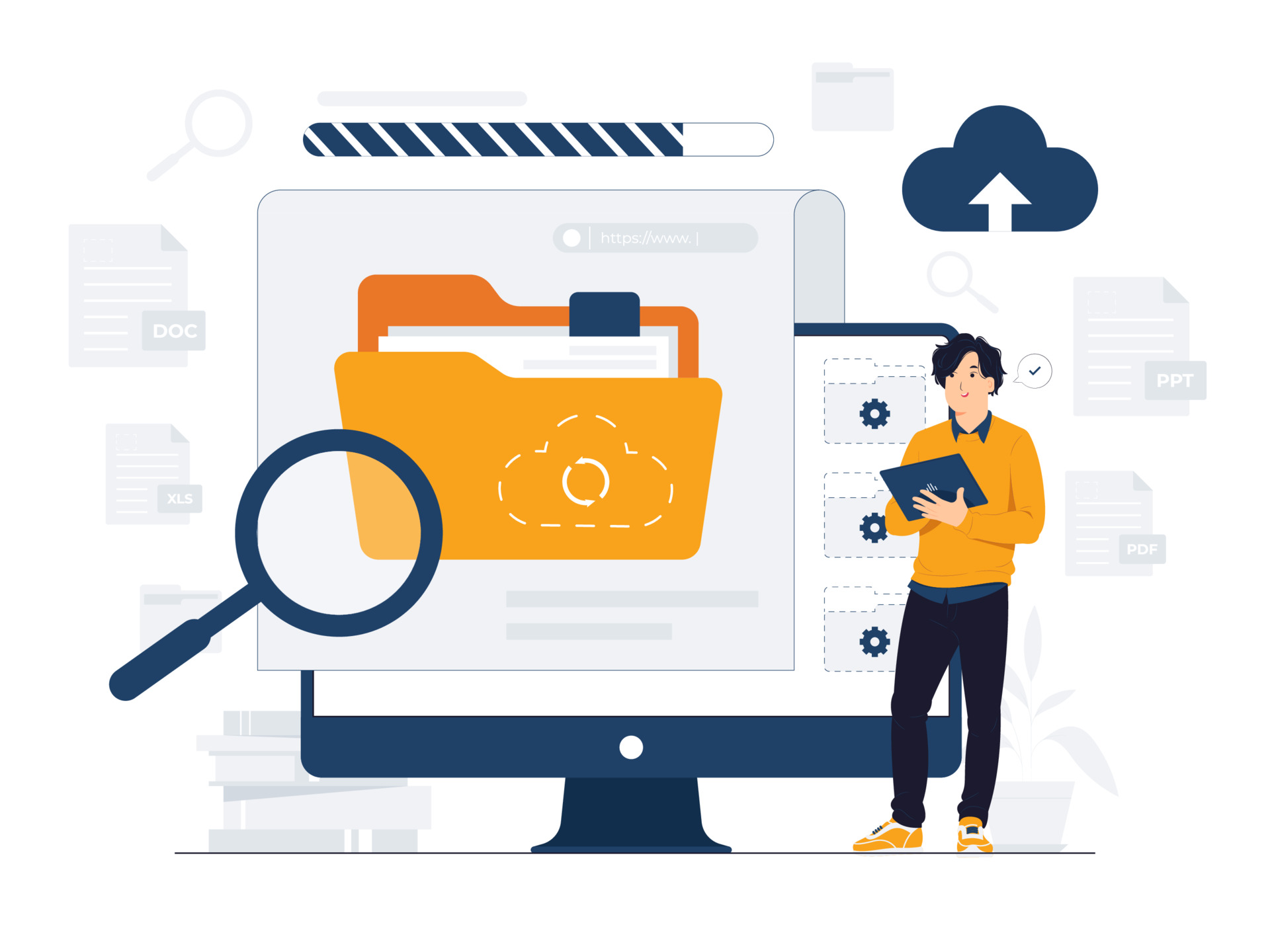 image collage of computer search graphics including files, folders, magnifying glass and man holding a file folder - vector image from vecteezy.com